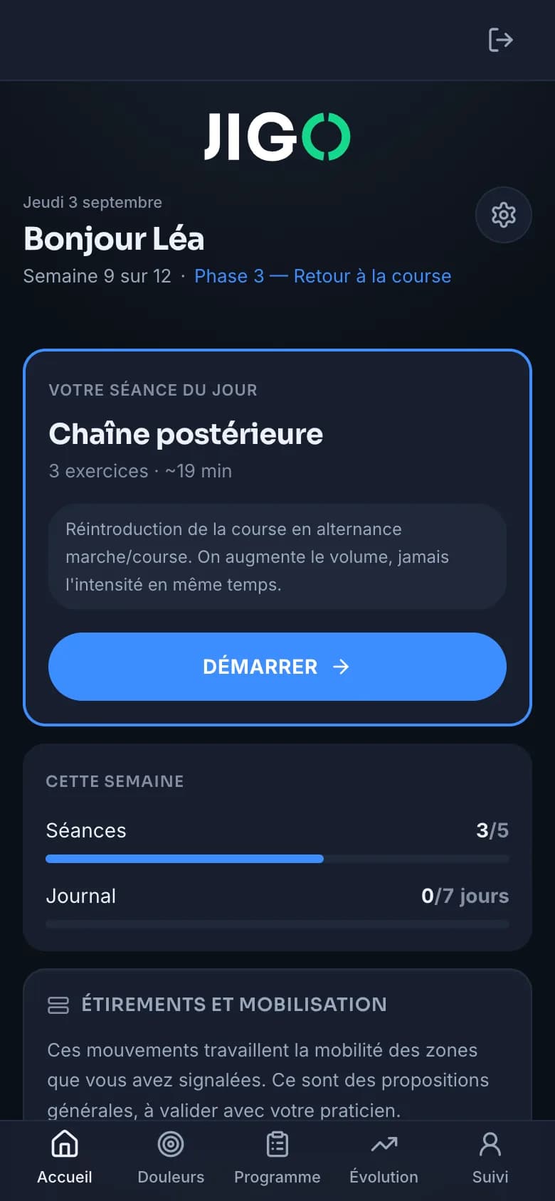 L'écran d'accueil de l'app : la séance du jour et son objectif.