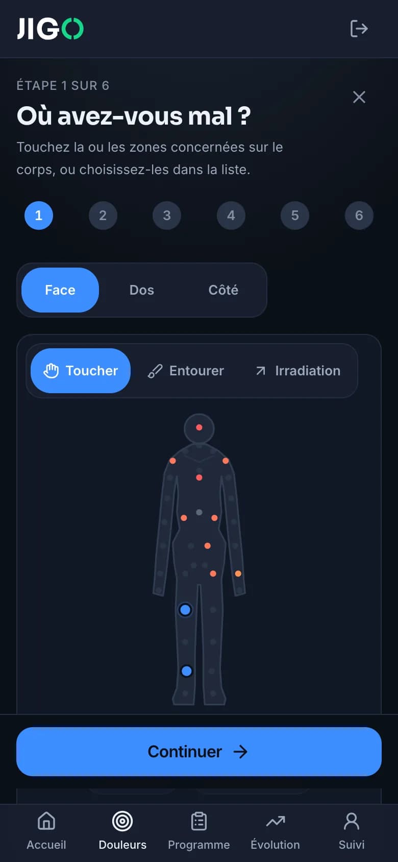 Le bilan de douleur : la silhouette du corps à toucher, en vue de face.