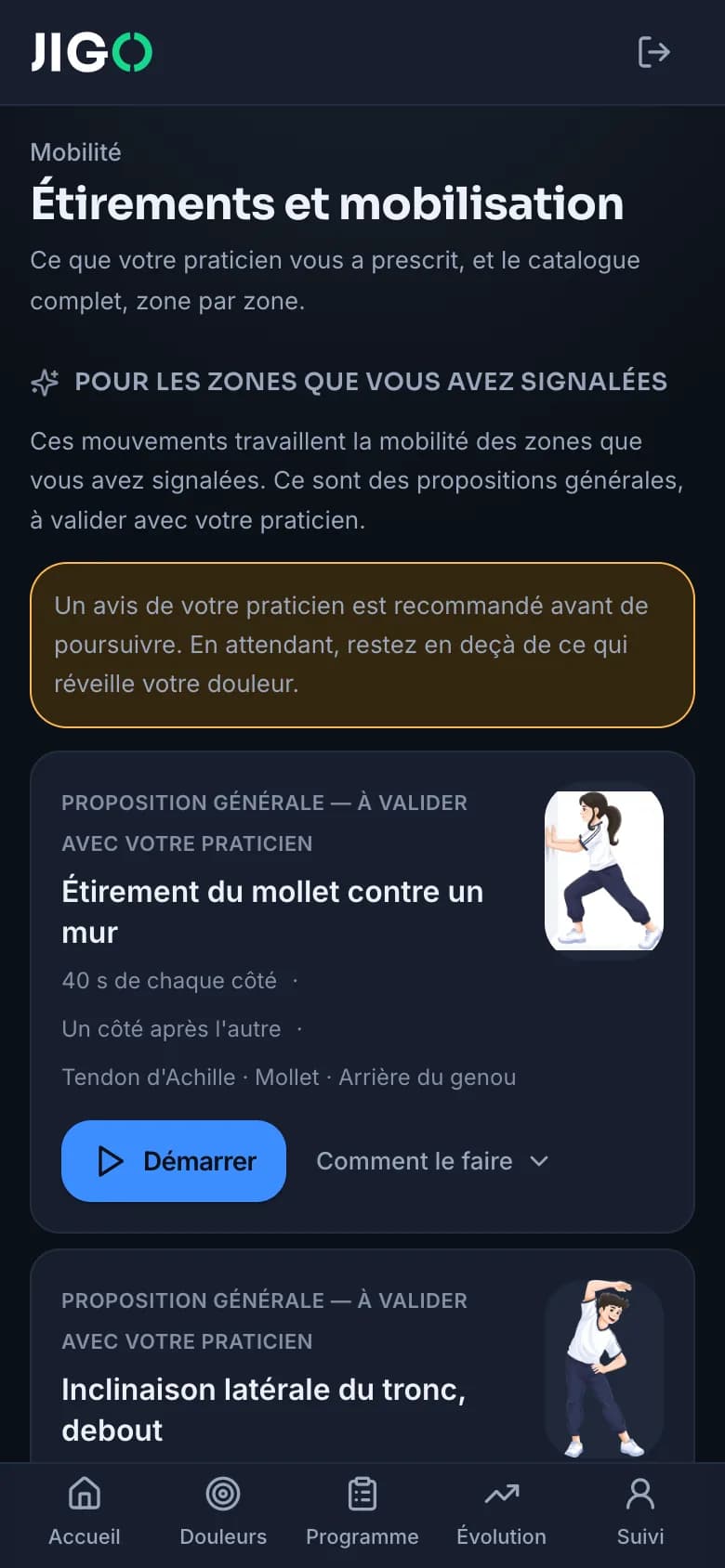 Les étirements proposés, avec leur durée et les zones concernées.